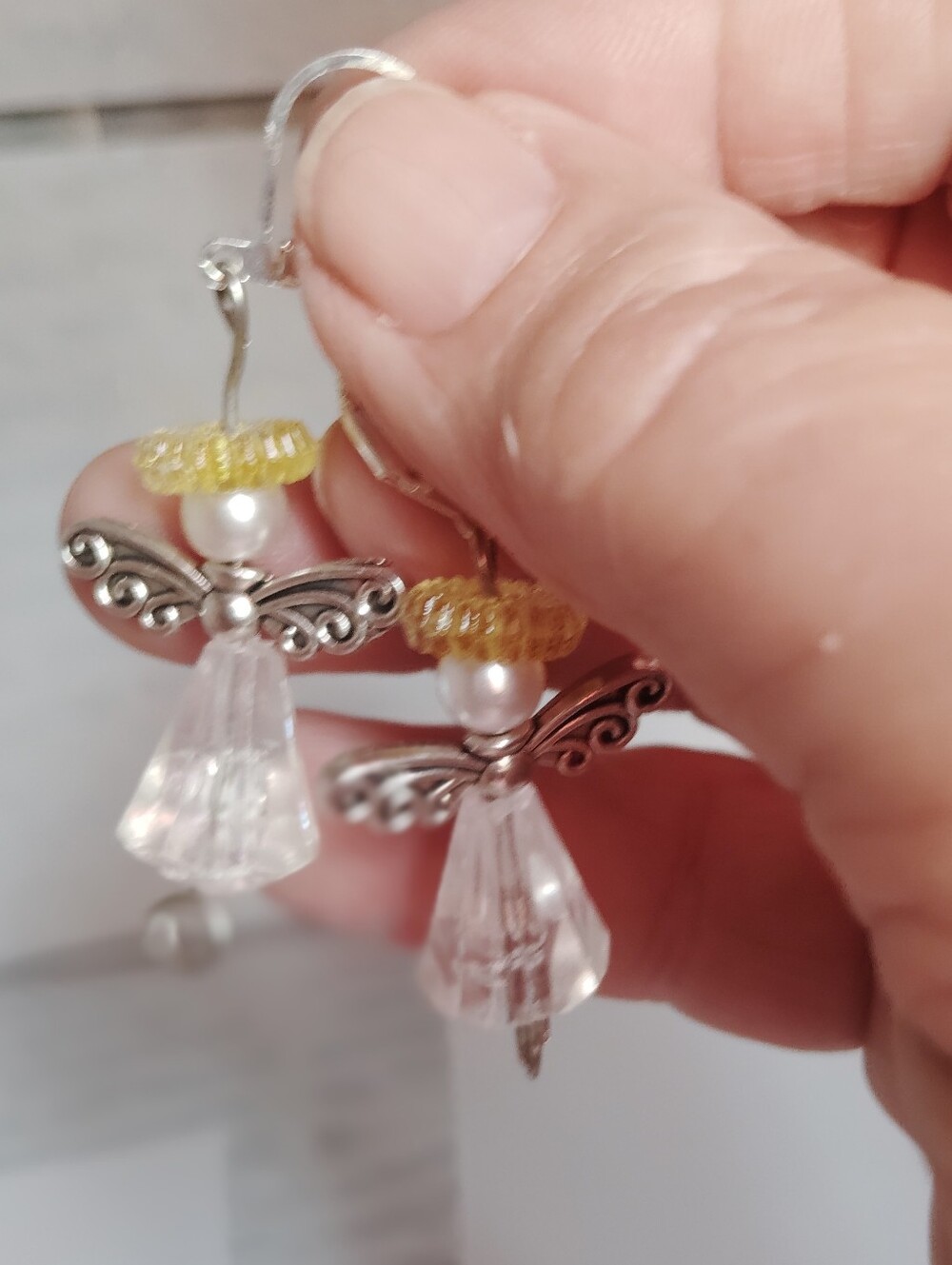 Handmade New Angel Crystal Drop Earrings With Yellow Halo Clear and Silver Tone